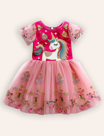 Floral Unicorn Applique Tulle Party Dress